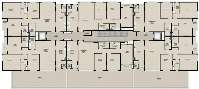 4° Pavimento - Apartamentos 3 quartos sendo 402, 404, e 406 com terraço