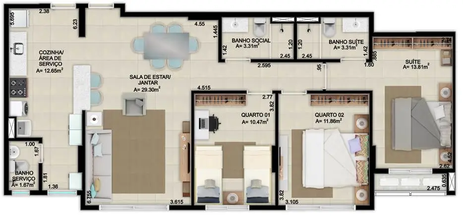 Apartamento final 04 - (504, 1304) - 101 m²
