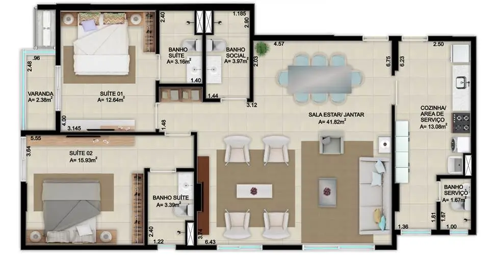 Apartamento final 06 (506, 1306) - 112 m² (Sala Ampliada)